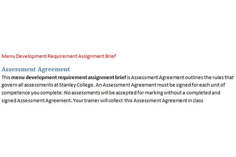 Menu Development Requirement Assignment Brief