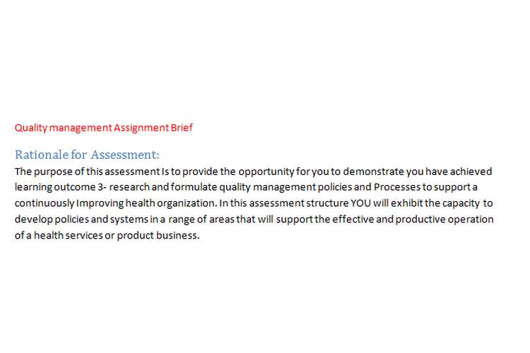 Quality management Assignment Brief