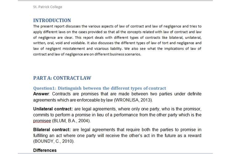 Unit 5 Aspects of Contract Negligence Assignment