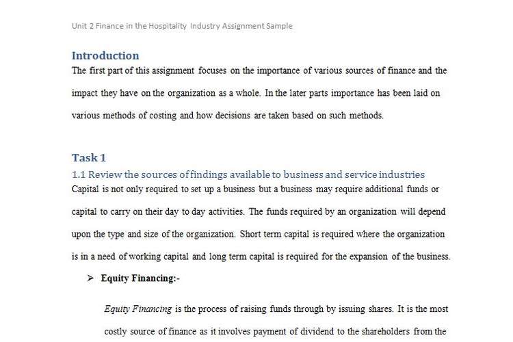 Unit 2 Finance in Hospitality Industry Assignment Sample