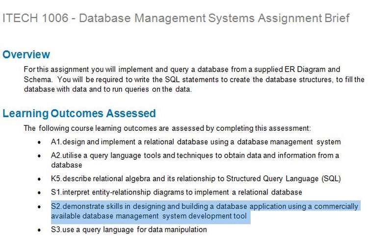 ITECH 1006 Database Management Systems Assignment Brief