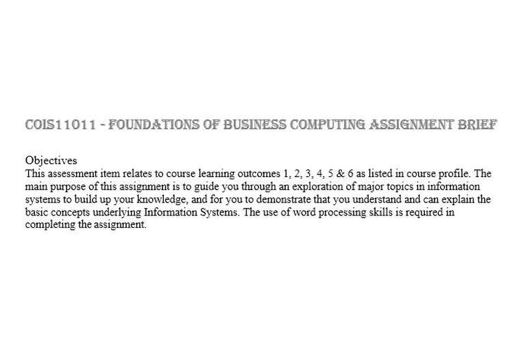COIS11011 Foundations Business Computing Assignment Brief