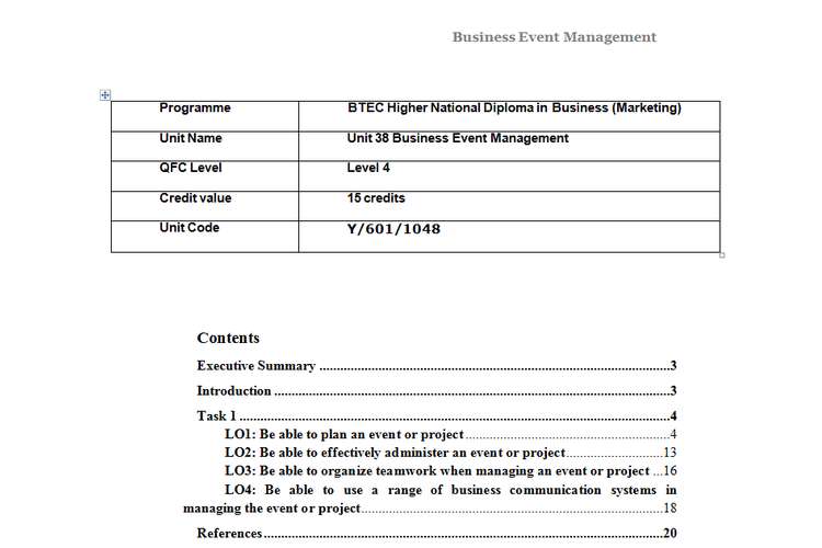 Unit 38 Business Event Management Assignment Locus Assignment Help