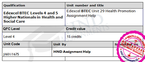 Edexcel Unit 29 Health Promotion Assignment 
