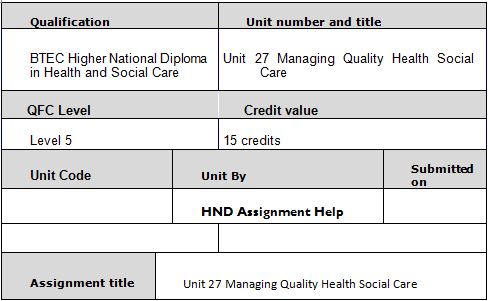 Unit 27 Managing Quality in Health and Social Care Assignment Brief