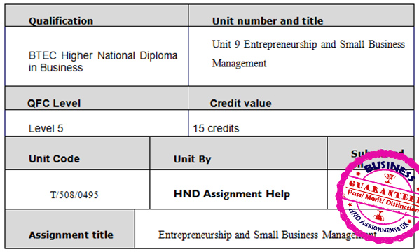 Unit 9 Entrepreneurship and SBM Assignment