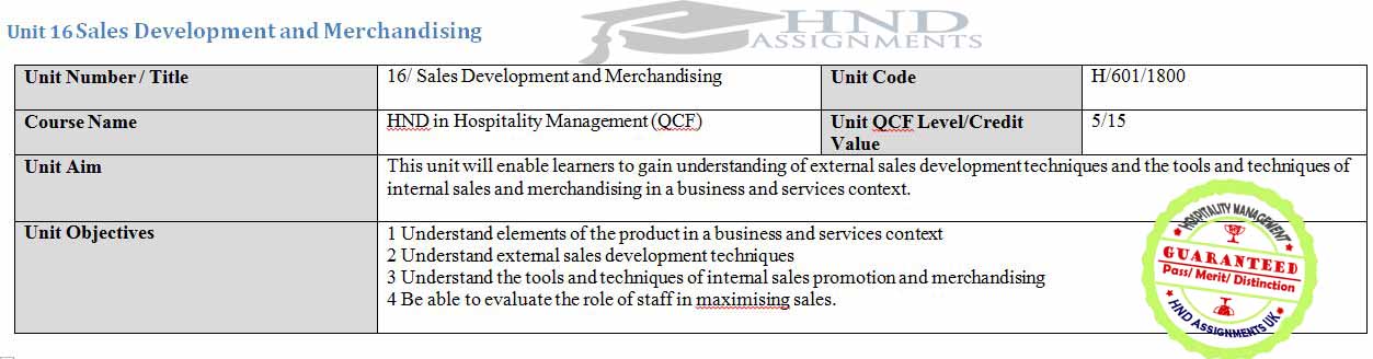 Unit 16 Sales Development and Merchandising Assignment Brief