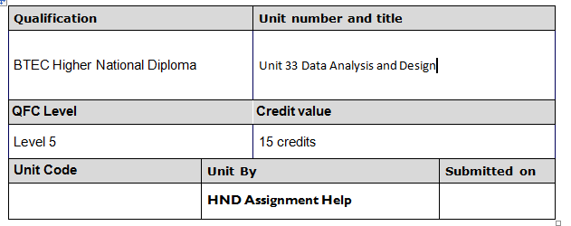 Unit 33 Data Analysis and Design Assignment Brief