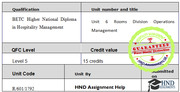  Rooms Division Operations Management Assignment Brief