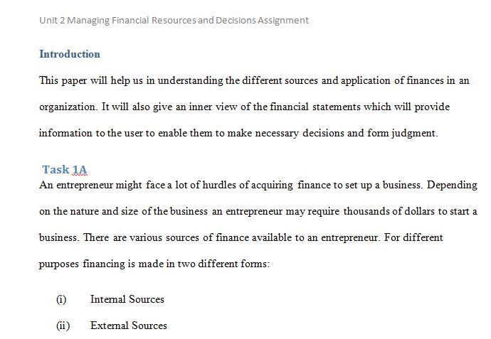 Unit 2 Managing Financial Resources and Decisions Sample Assignment